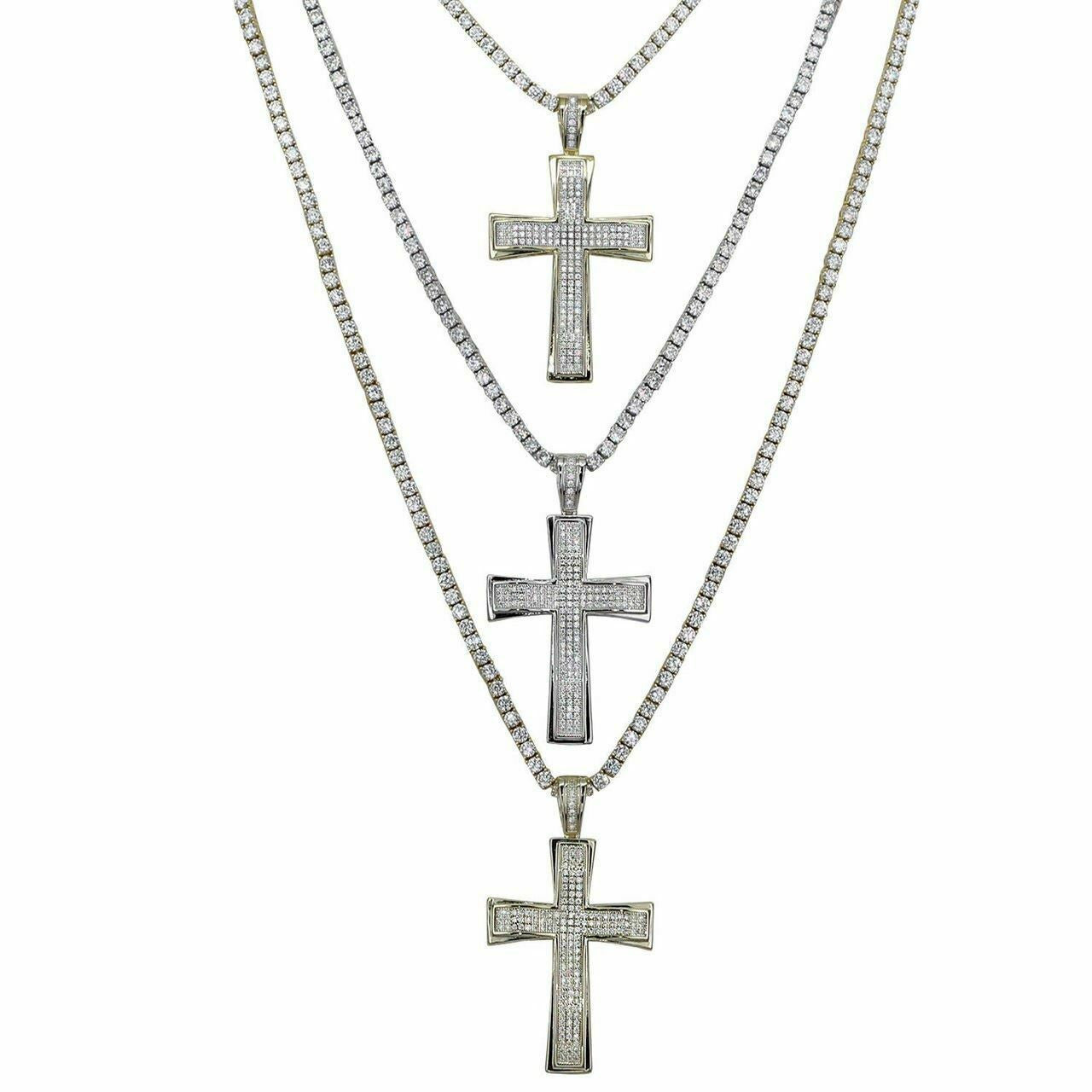 HarlemBling Mens Real Solid 925 Silver Cross W Tennis Chain Pendant Iced Icy Hip Hop Rapper