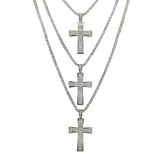 HarlemBling Mens Real Solid 925 Silver Cross W Tennis Chain Pendant Iced Icy Hip Hop Rapper