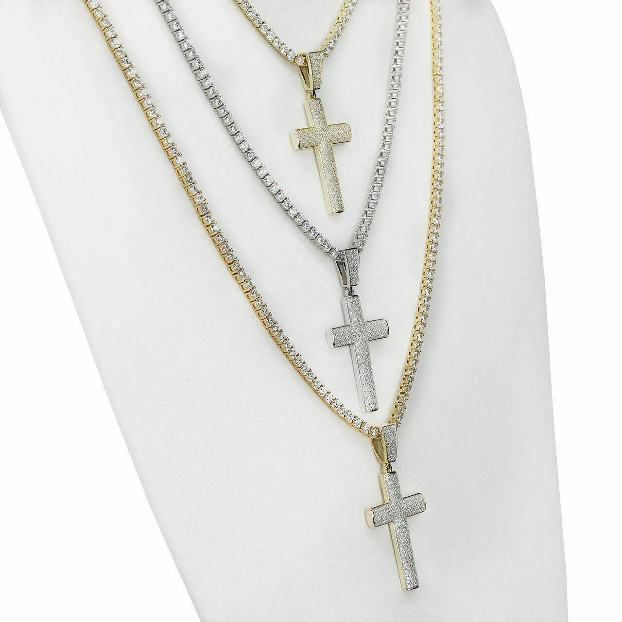 HarlemBling Mens Real Solid 925 Silver Cross W Tennis Chain Pendant Super Iced Man Diamond