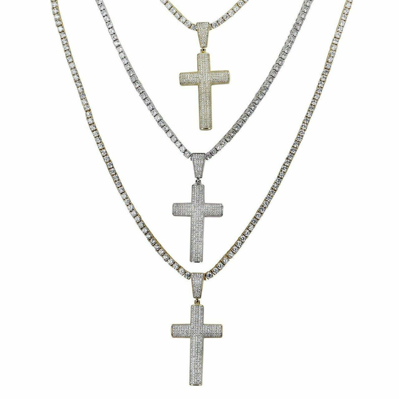 HarlemBling Mens Real Solid 925 Silver Cross W Tennis Chain Pendant Super Iced Man Diamond