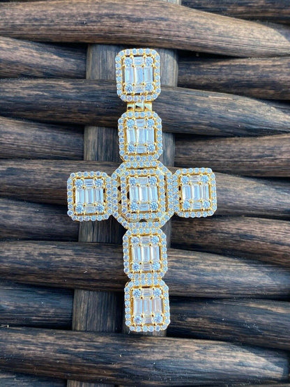 HarlemBling Mens Real Solid 925 Silver Iced Baguette Diamond Cross 2 Rhodium, Gold Or Rose