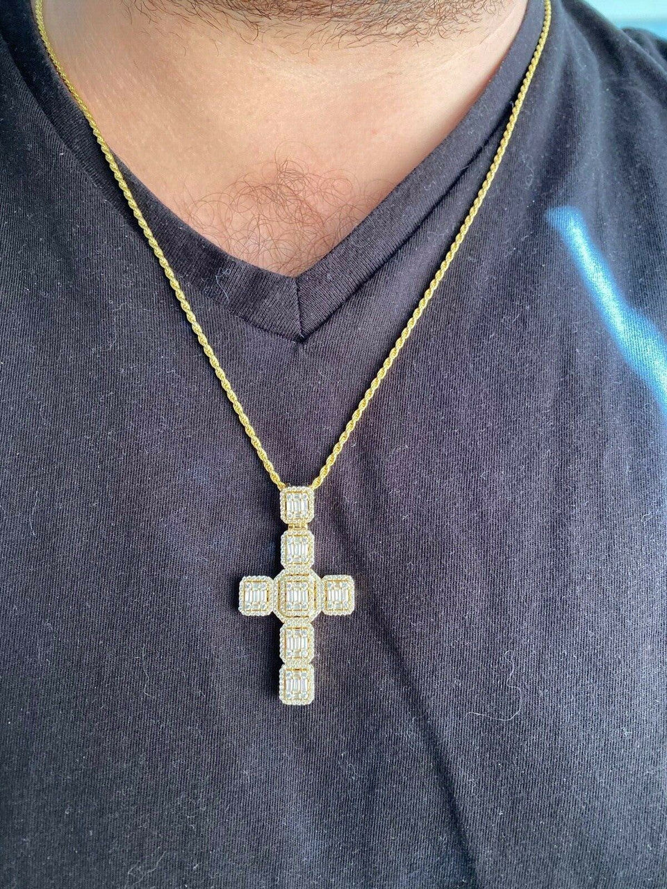 HarlemBling Mens Real Solid 925 Silver Iced Baguette Diamond Cross 2 Rhodium, Gold Or Rose