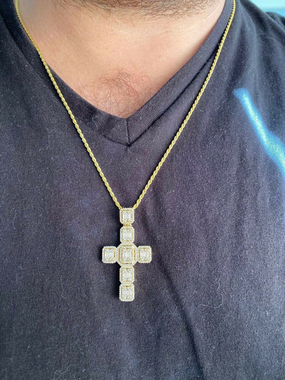 HarlemBling Mens Real Solid 925 Silver Iced Baguette Diamond Cross 2 Rhodium, Gold Or Rose