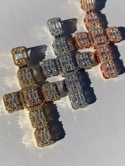 HarlemBling Mens Real Solid 925 Silver Iced Baguette Diamond Cross 2 Rhodium, Gold Or Rose