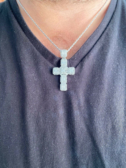 HarlemBling Mens Real Solid 925 Silver Iced Baguette Diamond Cross 2 Rhodium, Gold Or Rose