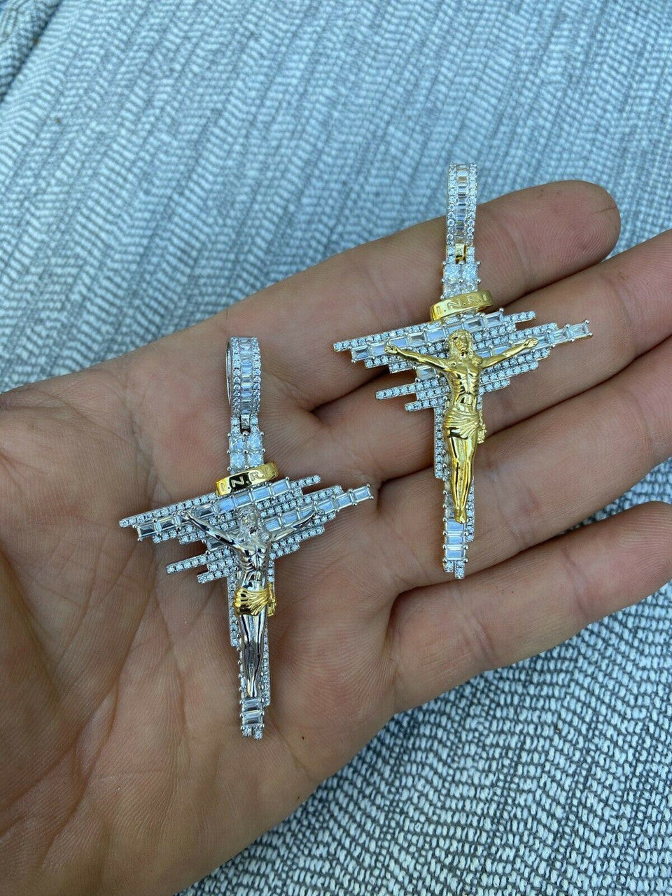 HarlemBling Mens Real Solid 925 Silver Iced Baguette Diamond Jesus Cross Hip Hop Necklace