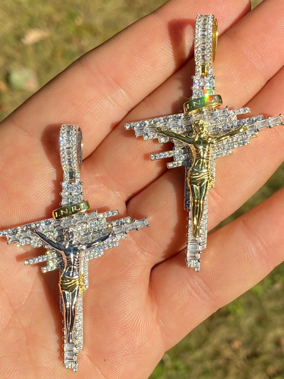 HarlemBling Mens Real Solid 925 Silver Iced Baguette Diamond Jesus Cross Hip Hop Necklace