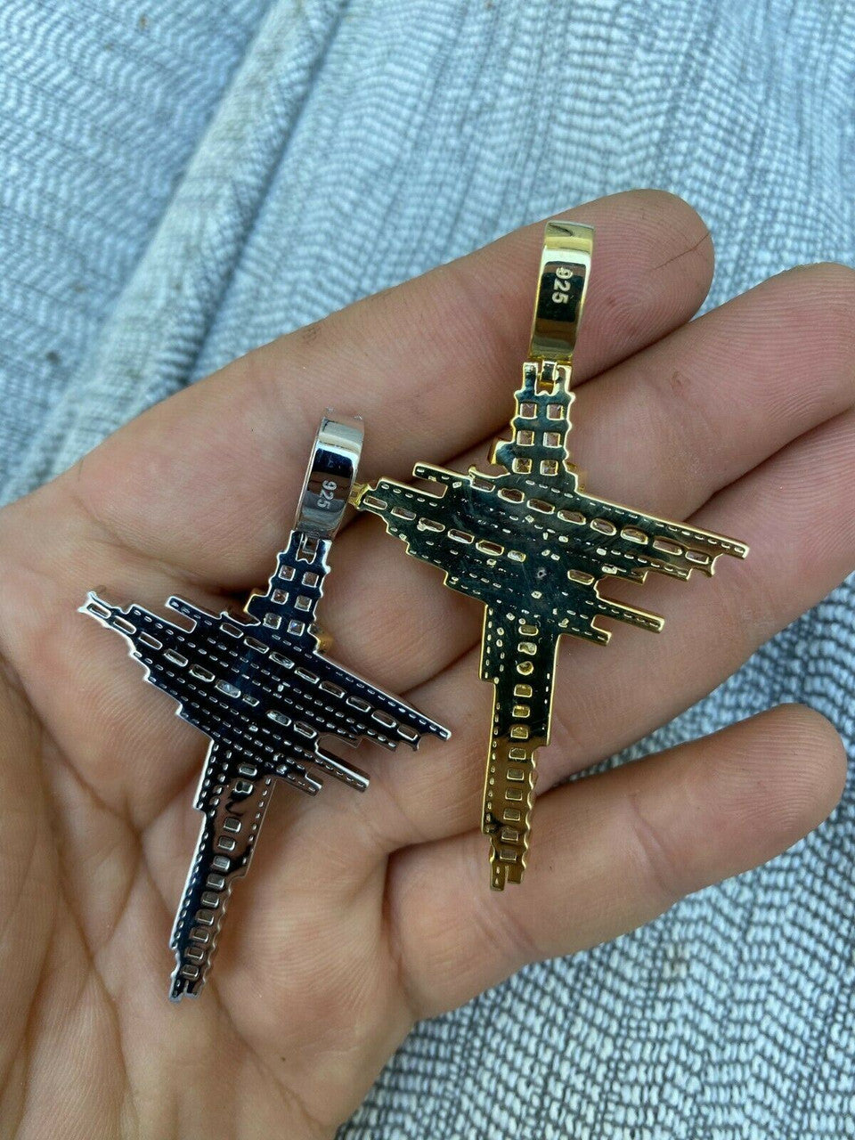 HarlemBling Mens Real Solid 925 Silver Iced Baguette Diamond Jesus Cross Hip Hop Necklace