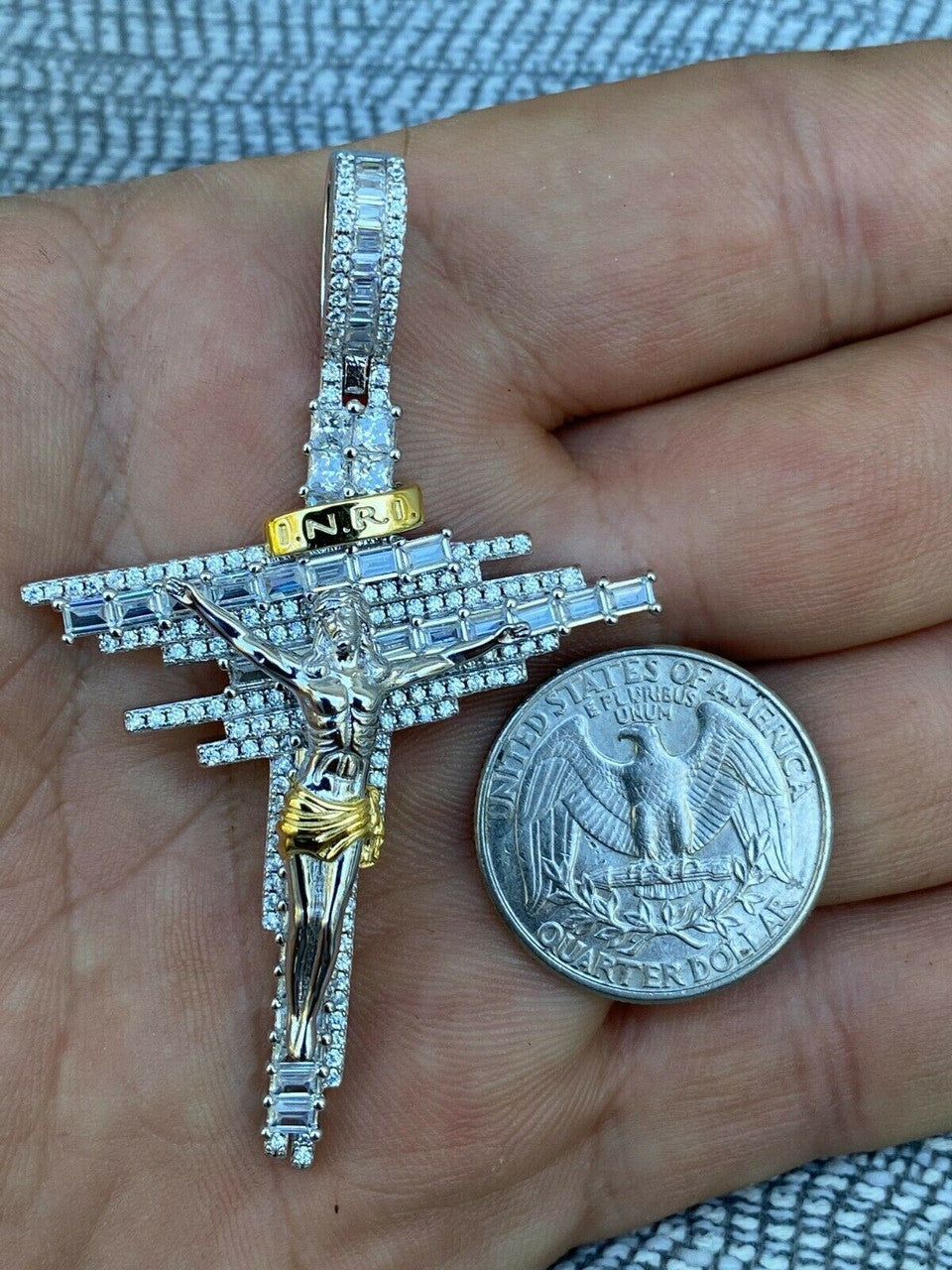 HarlemBling Mens Real Solid 925 Silver Iced Baguette Diamond Jesus Cross Hip Hop Necklace