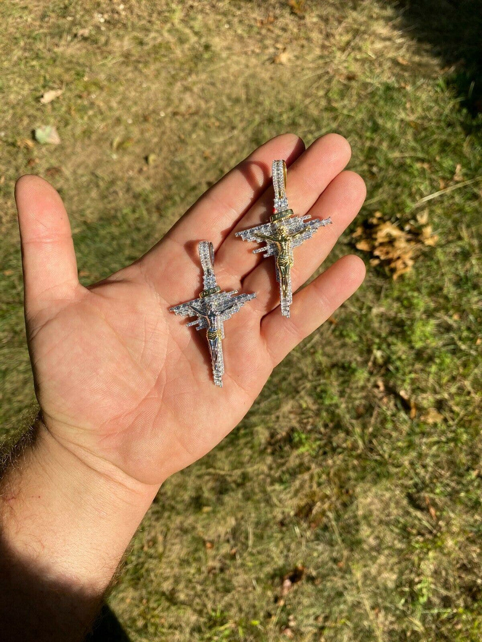 HarlemBling Mens Real Solid 925 Silver Iced Baguette Diamond Jesus Cross Hip Hop Necklace