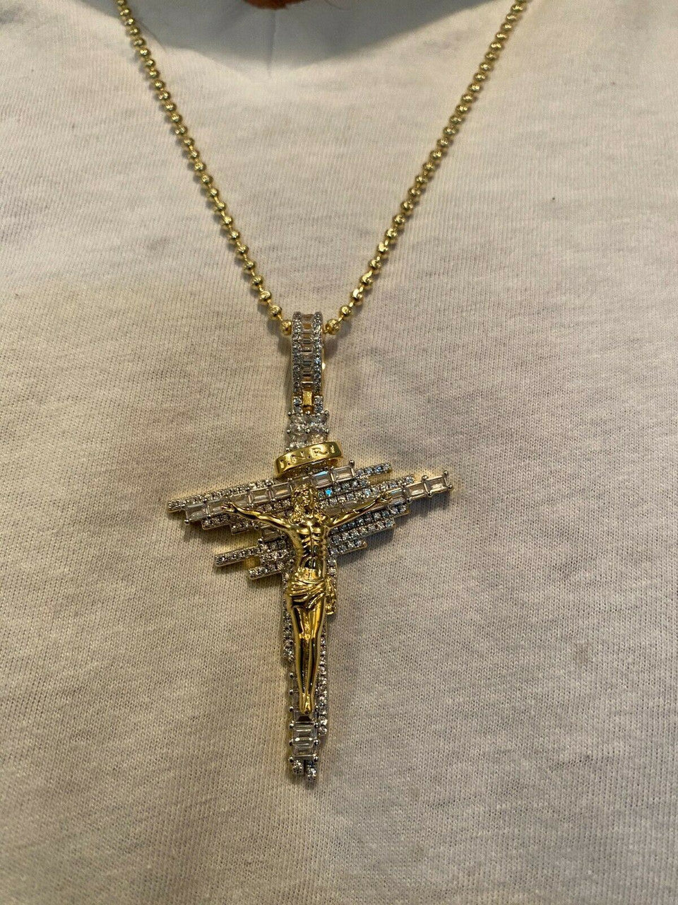 HarlemBling Mens Real Solid 925 Silver Iced Baguette Diamond Jesus Cross Hip Hop Necklace