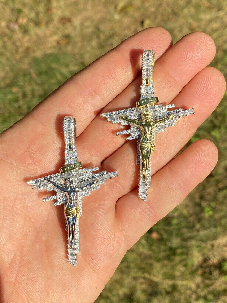 HarlemBling Mens Real Solid 925 Silver Iced Baguette Diamond Jesus Cross Hip Hop Necklace