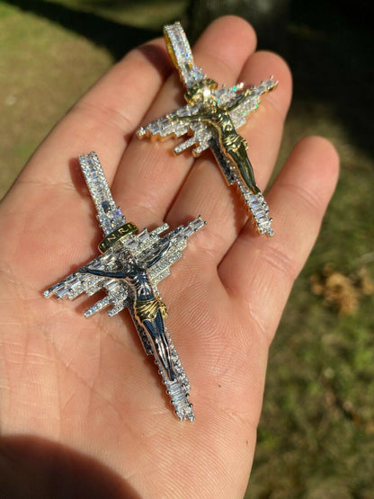 HarlemBling Mens Real Solid 925 Silver Iced Baguette Diamond Jesus Cross Hip Hop Necklace