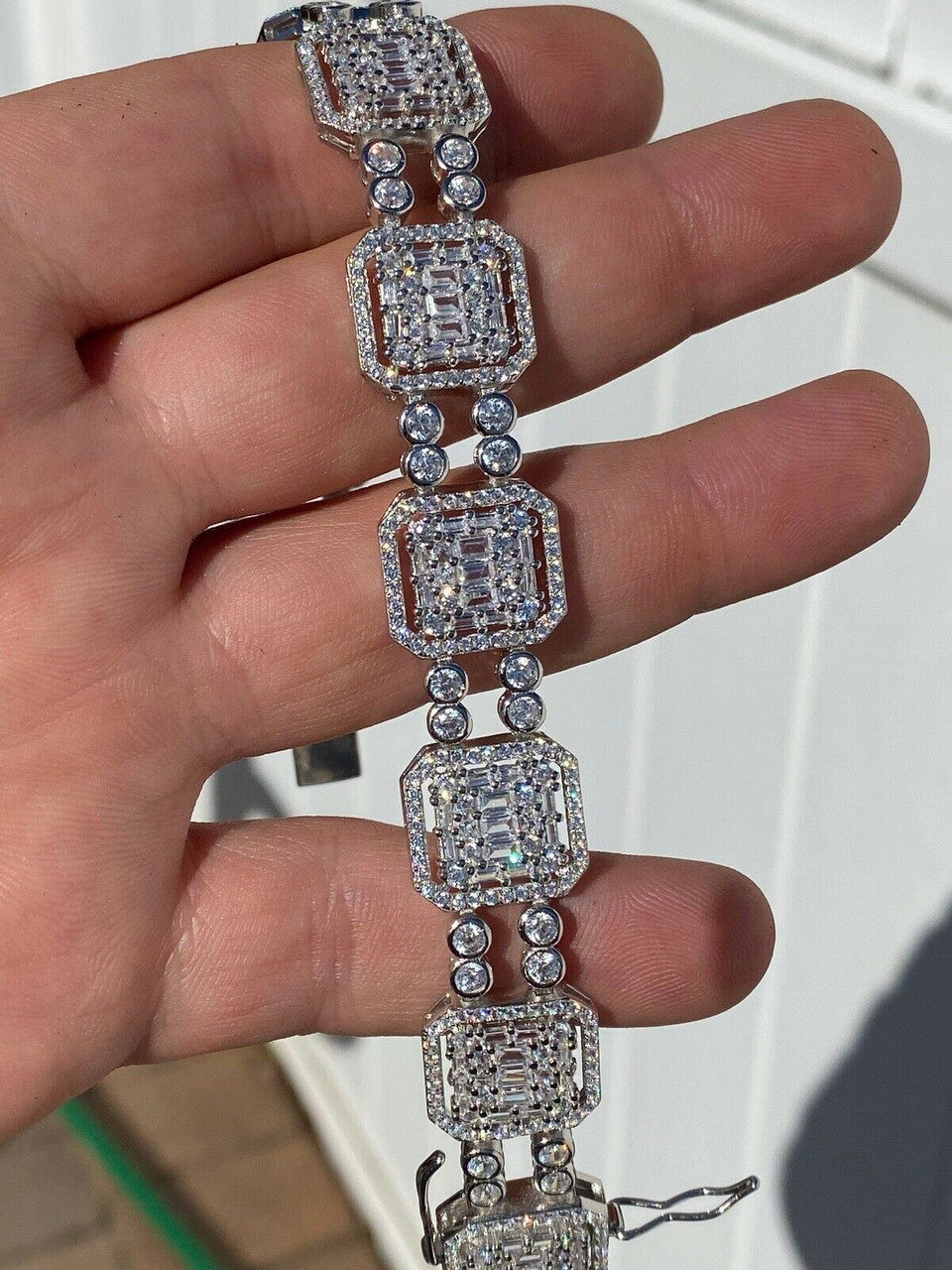 HarlemBling Mens Real Solid 925 Silver Iced Baguette Tennis Bracelet Flooded Out 16mm