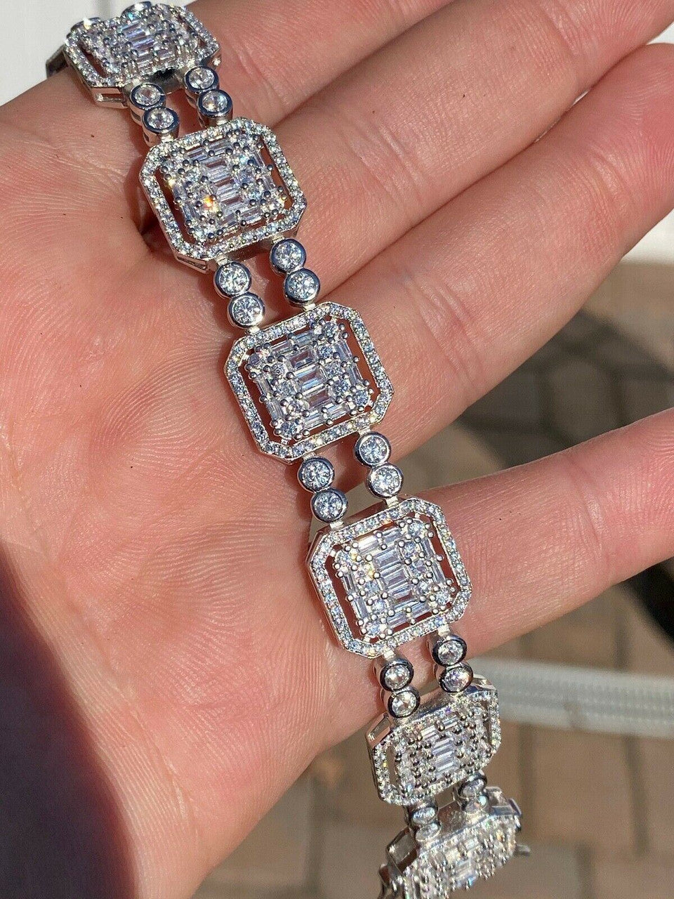 HarlemBling Mens Real Solid 925 Silver Iced Baguette Tennis Bracelet Flooded Out 16mm