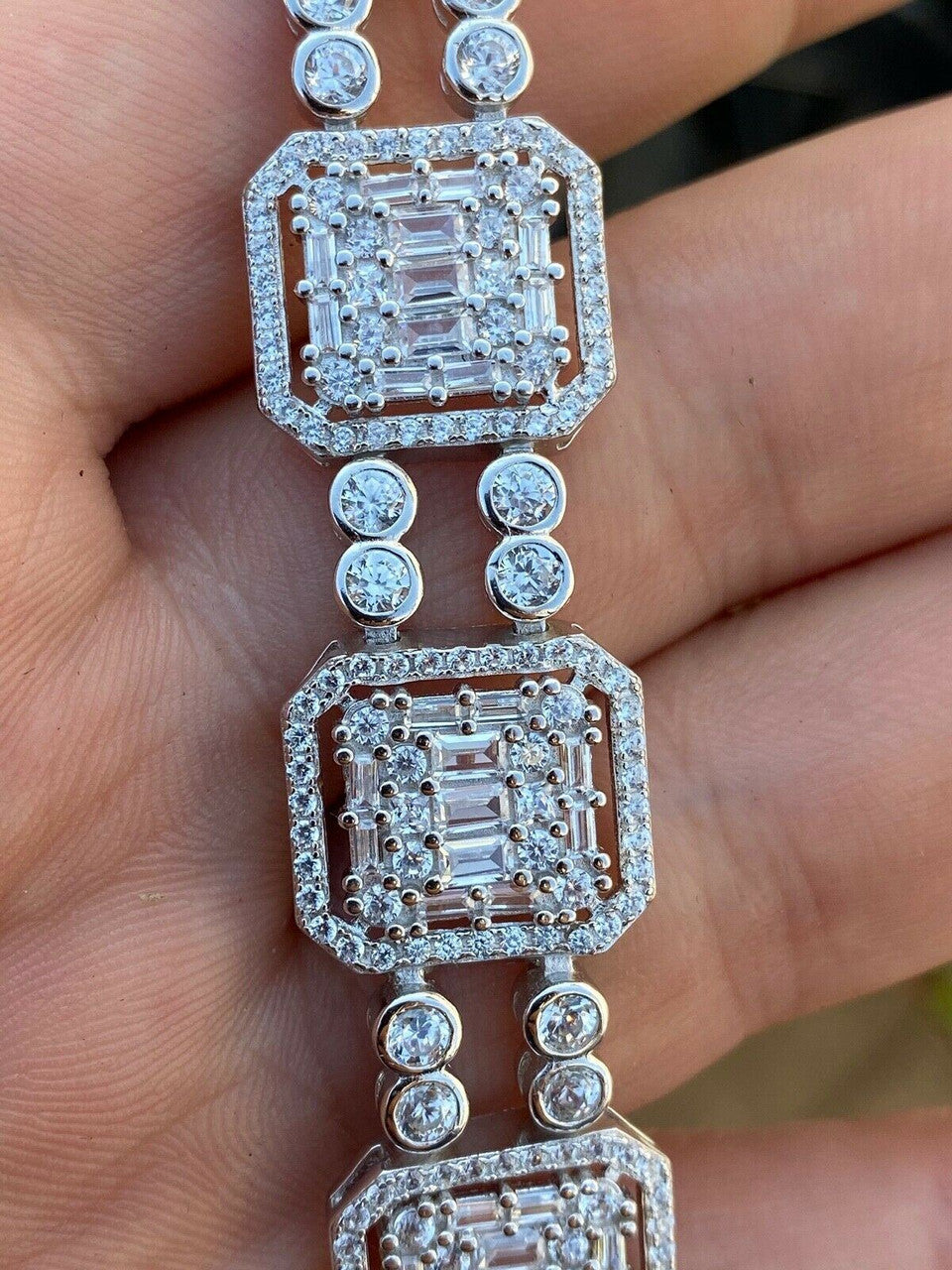 HarlemBling Mens Real Solid 925 Silver Iced Baguette Tennis Bracelet Flooded Out 16mm