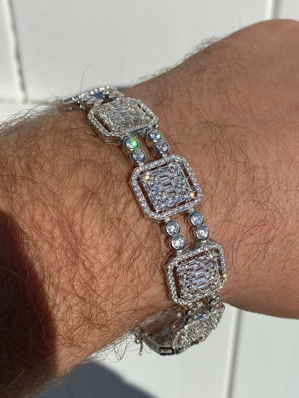 HarlemBling Mens Real Solid 925 Silver Iced Baguette Tennis Bracelet Flooded Out 16mm