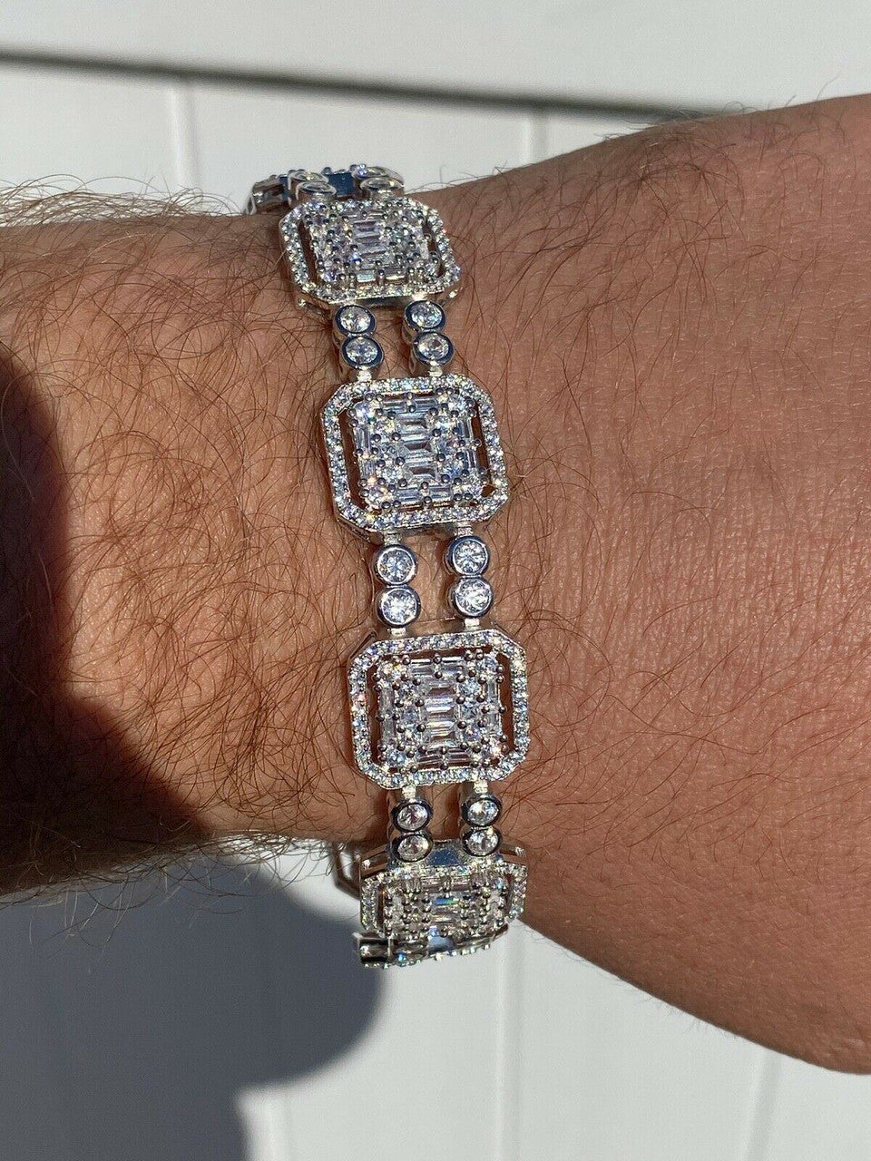 HarlemBling Mens Real Solid 925 Silver Iced Baguette Tennis Bracelet Flooded Out 16mm