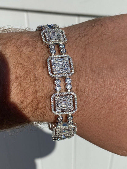HarlemBling Mens Real Solid 925 Silver Iced Baguette Tennis Bracelet Flooded Out 16mm