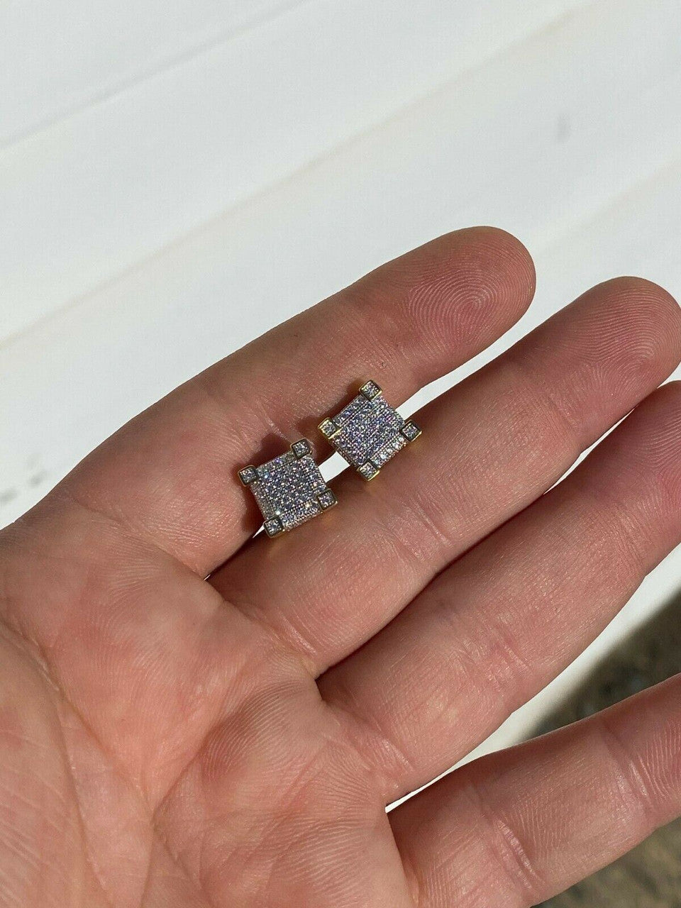 HarlemBling Mens Real Solid 925 Silver Iced CZ Hip Hop Earrings Stud 14k Gold Aretes Hombre