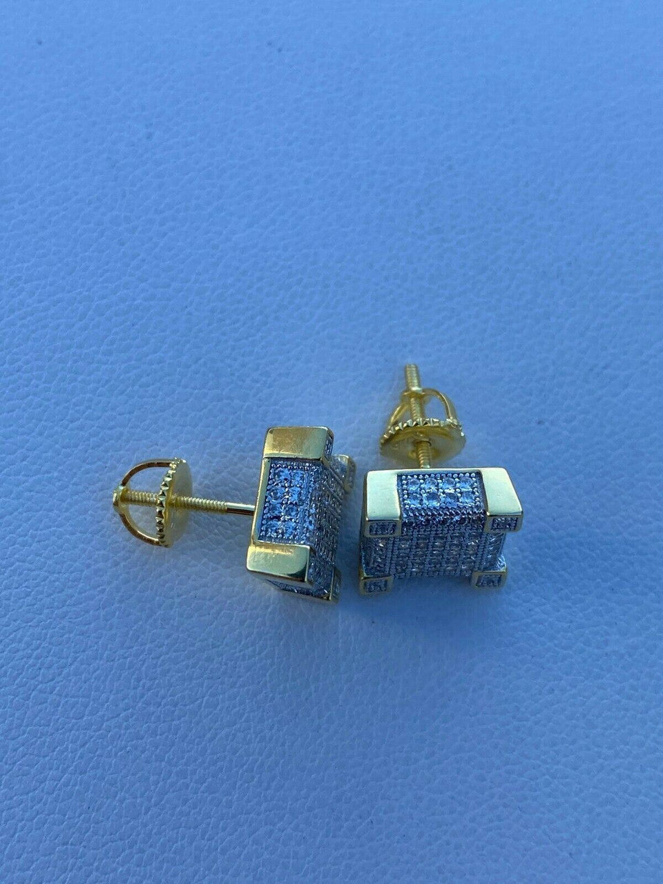 HarlemBling Mens Real Solid 925 Silver Iced CZ Hip Hop Earrings Stud 14k Gold Aretes Hombre