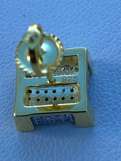 HarlemBling Mens Real Solid 925 Silver Iced CZ Hip Hop Earrings Stud 14k Gold Aretes Hombre