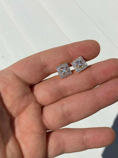HarlemBling Mens Real Solid 925 Silver Iced CZ Hip Hop Earrings Studs 14k Gold Finish Square