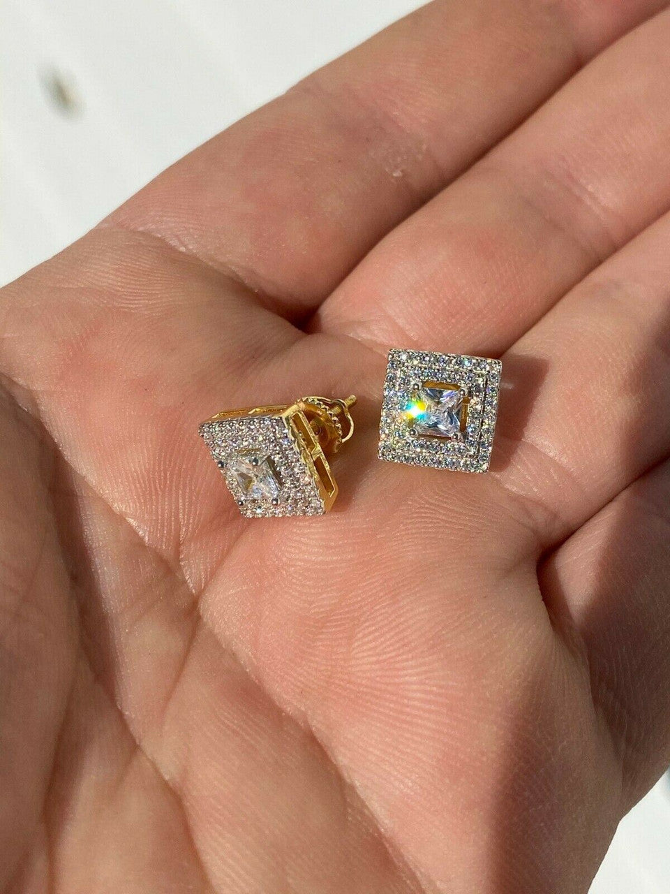 HarlemBling Mens Real Solid 925 Silver Iced CZ Hip Hop Earrings Studs 14k Gold Finish Square