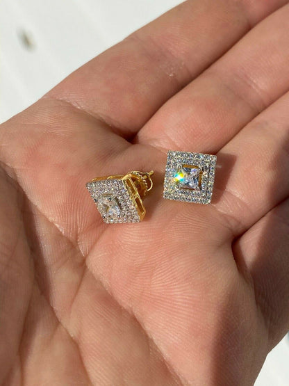 HarlemBling Mens Real Solid 925 Silver Iced CZ Hip Hop Earrings Studs 14k Gold Finish Square