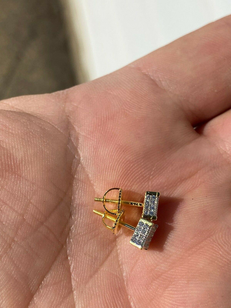 HarlemBling Mens Real Solid 925 Silver Iced CZ Hip Hop Earrings Studs Small 1/4 Gold Plated