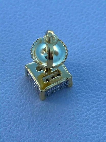 HarlemBling Mens Real Solid 925 Silver Iced CZ Hip Hop Earrings Studs Small 1/4 Gold Plated