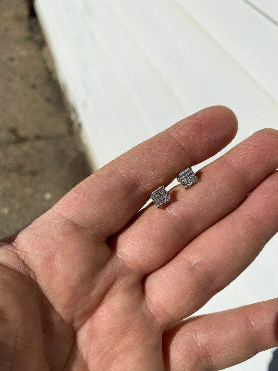 HarlemBling Mens Real Solid 925 Silver Iced CZ Hip Hop Earrings Studs Small 1/4 Gold Plated