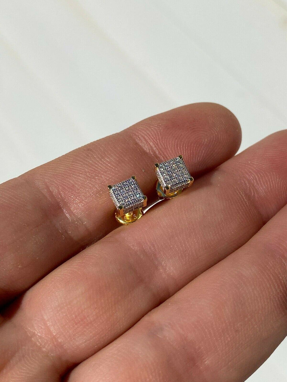 HarlemBling Mens Real Solid 925 Silver Iced CZ Hip Hop Earrings Studs Small 1/4 Gold Plated