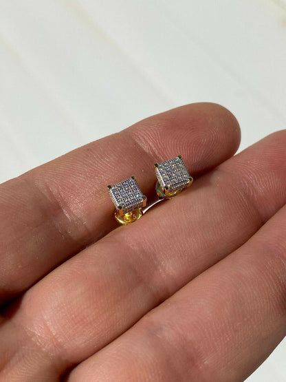 HarlemBling Mens Real Solid 925 Silver Iced CZ Hip Hop Earrings Studs Small 1/4 Gold Plated