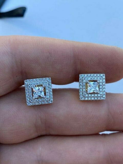HarlemBling Mens Real Solid 925 Silver Iced CZ Hip Hop Earrings Studs Square Baguette Kite