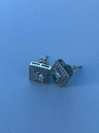 HarlemBling Mens Real Solid 925 Silver Iced CZ Hip Hop Earrings Studs Square Baguette Kite