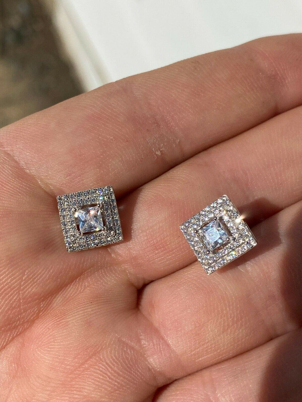 HarlemBling Mens Real Solid 925 Silver Iced CZ Hip Hop Earrings Studs Square Baguette Kite