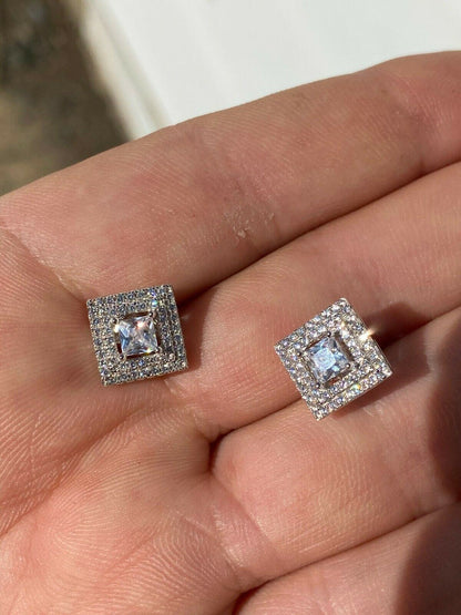 HarlemBling Mens Real Solid 925 Silver Iced CZ Hip Hop Earrings Studs Square Baguette Kite