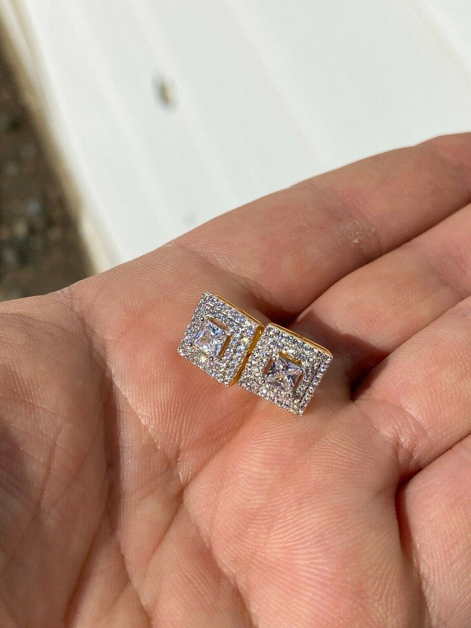 HarlemBling Mens Real Solid 925 Silver Iced CZ Hip Hop Earrings Studs Square Baguette Kite