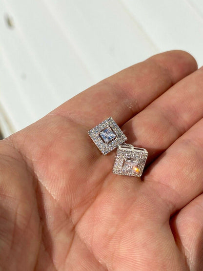 HarlemBling Mens Real Solid 925 Silver Iced CZ Hip Hop Earrings Studs Square Baguette Kite