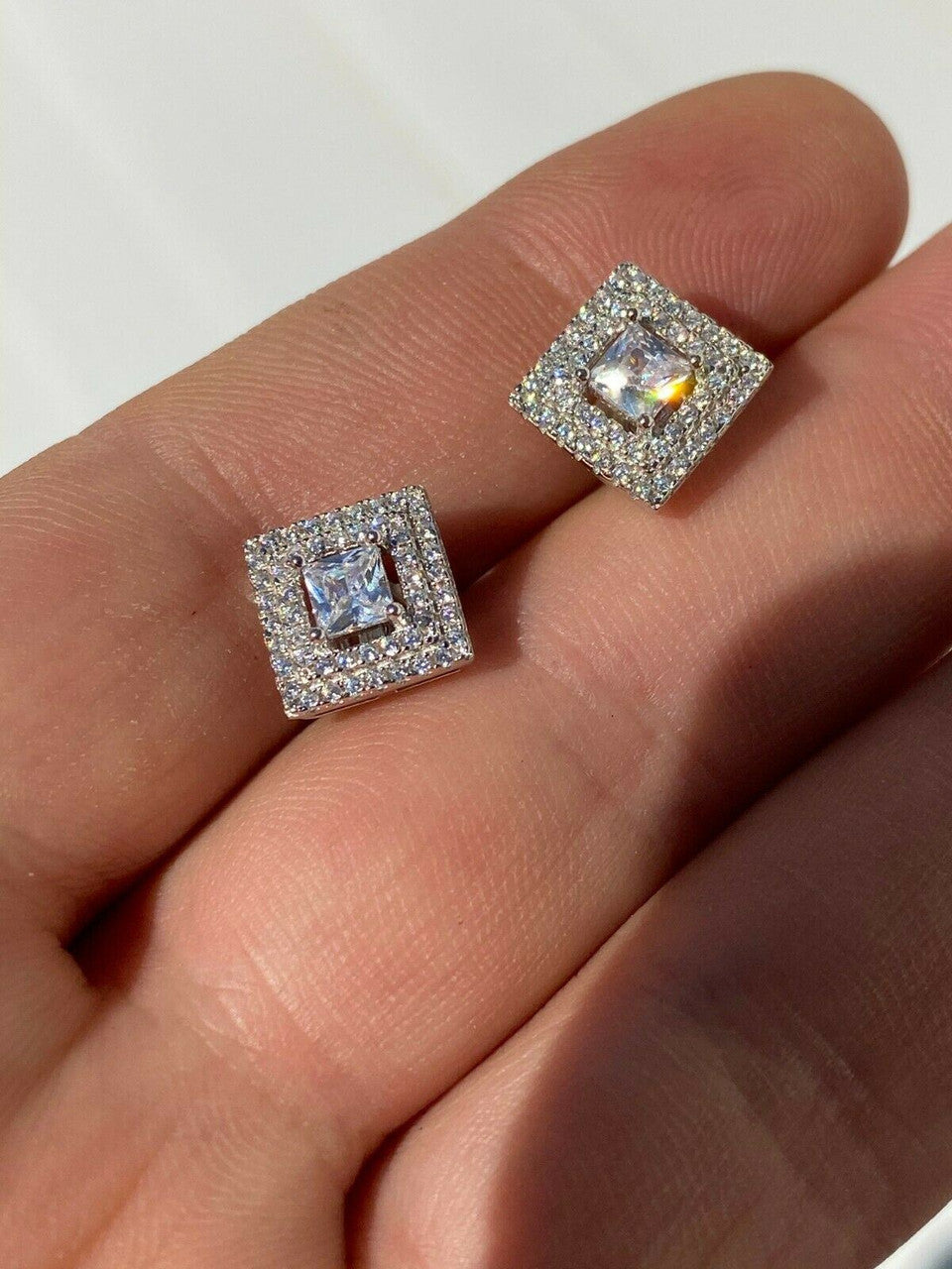 HarlemBling Mens Real Solid 925 Silver Iced CZ Hip Hop Earrings Studs Square Baguette Kite