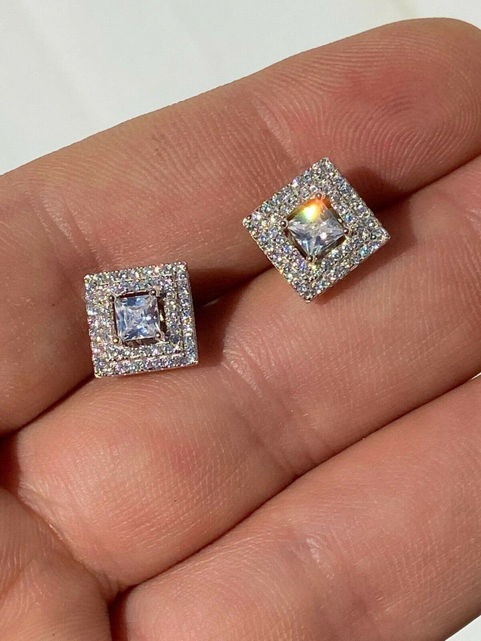 HarlemBling Mens Real Solid 925 Silver Iced CZ Hip Hop Earrings Studs Square Baguette Kite