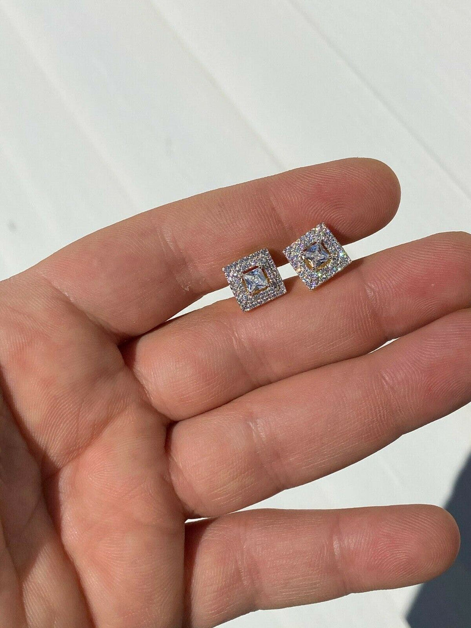 HarlemBling Mens Real Solid 925 Silver Iced CZ Hip Hop Earrings Studs Square Baguette Kite