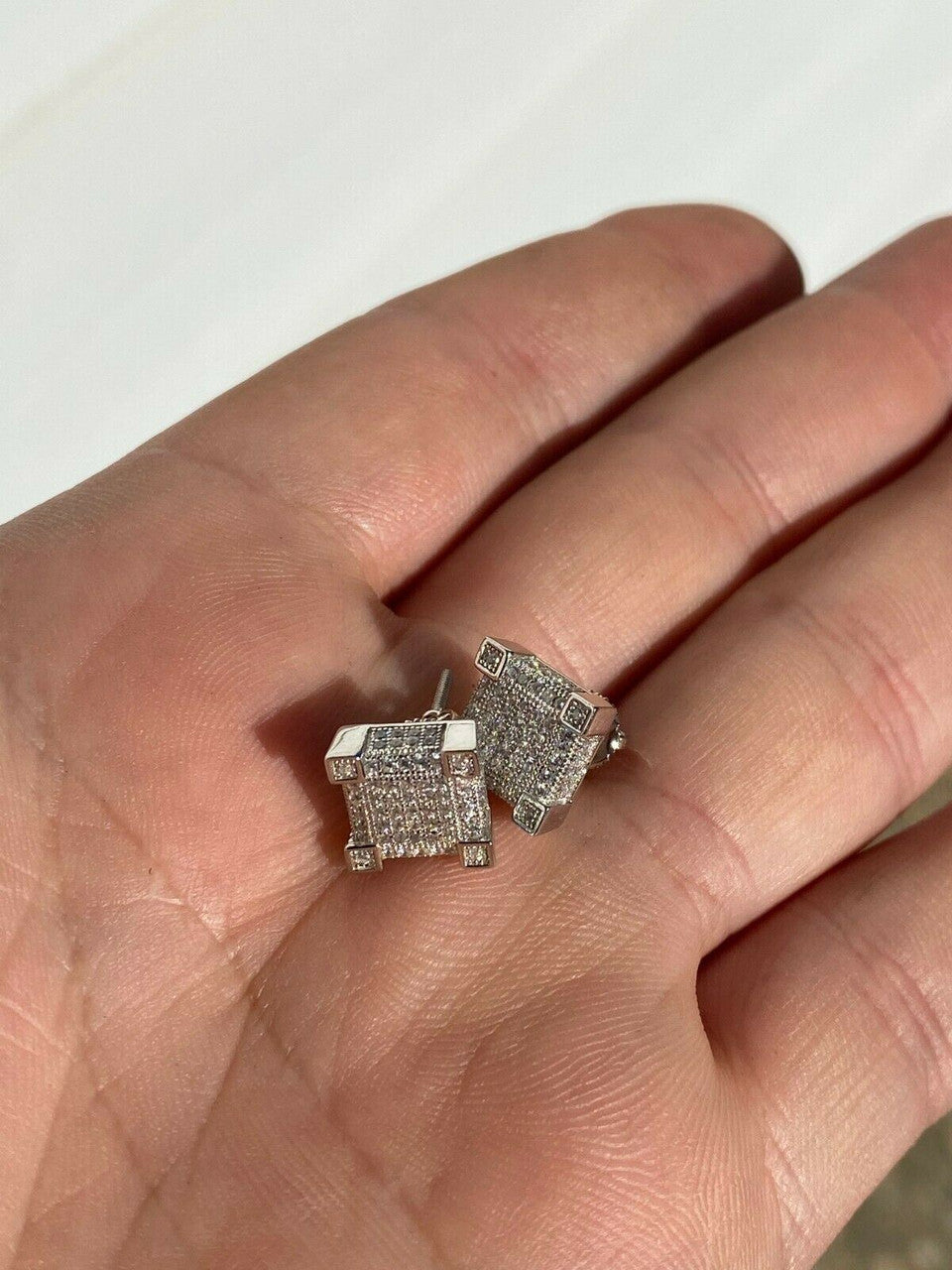 HarlemBling Mens Real Solid 925 Silver Iced Diamond Hip Hop Earrings Studs Screw Back Cube