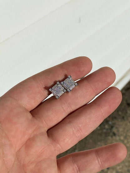 HarlemBling Mens Real Solid 925 Silver Iced Diamond Hip Hop Earrings Studs Screw Back Cube