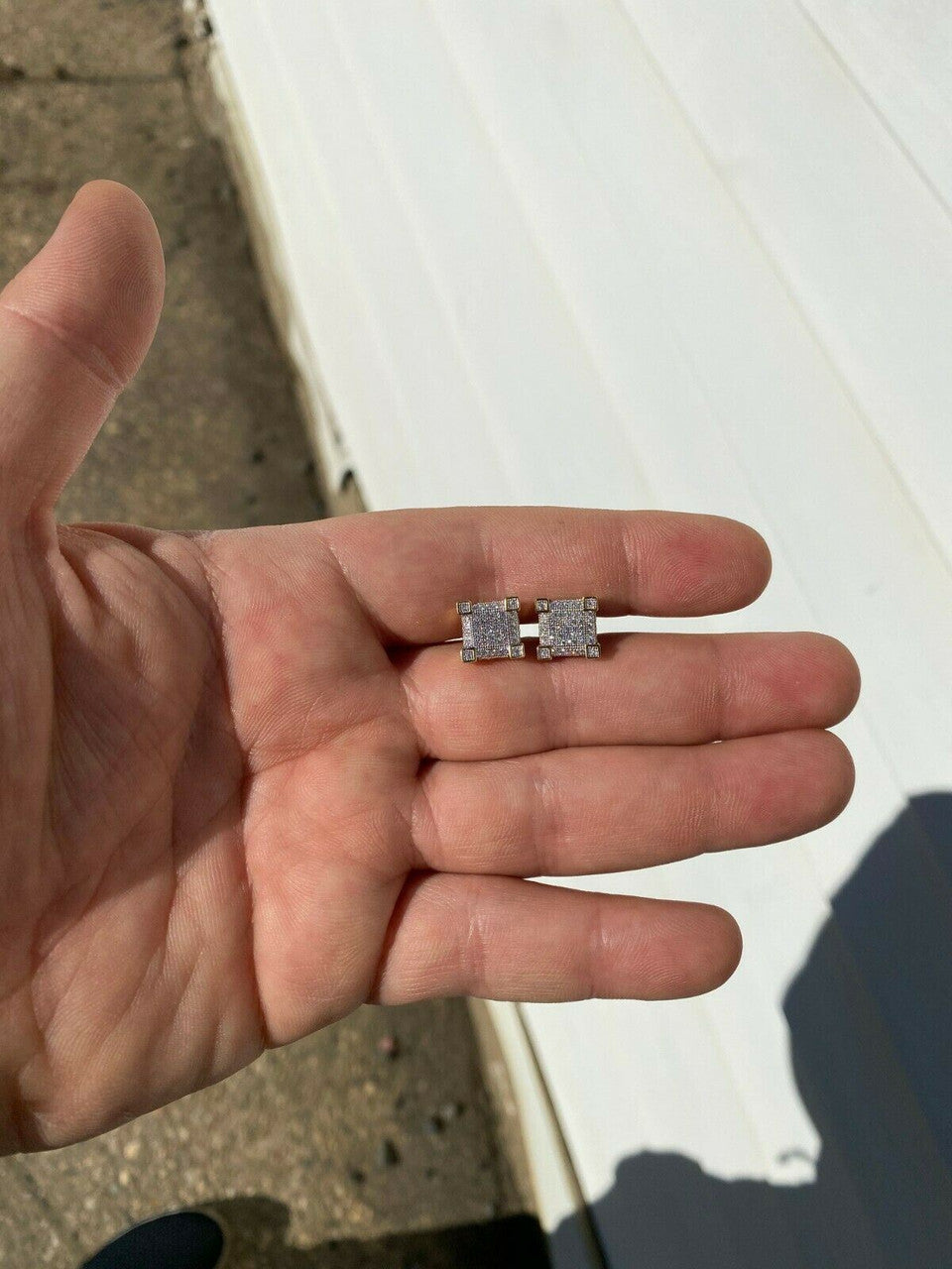 HarlemBling Mens Real Solid 925 Silver Iced Diamond Hip Hop Earrings Studs Screw Back Cube