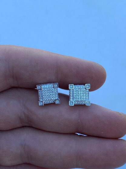 HarlemBling Mens Real Solid 925 Silver Iced Diamond Hip Hop Earrings Studs Screw Back Cube