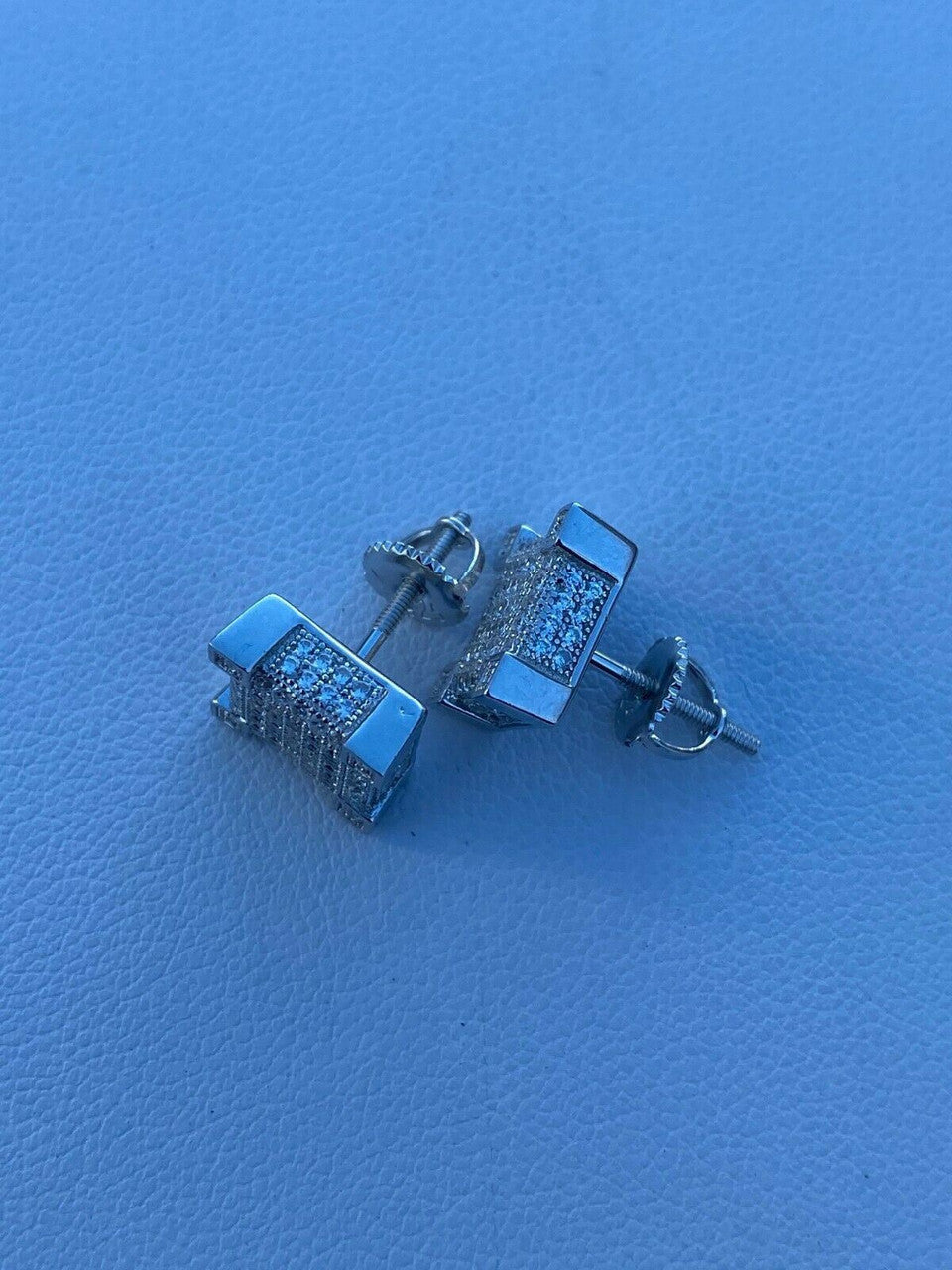 HarlemBling Mens Real Solid 925 Silver Iced Diamond Hip Hop Earrings Studs Screw Back Cube