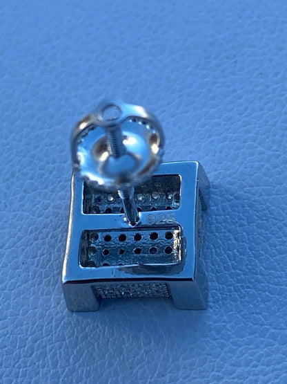 HarlemBling Mens Real Solid 925 Silver Iced Diamond Hip Hop Earrings Studs Screw Back Cube