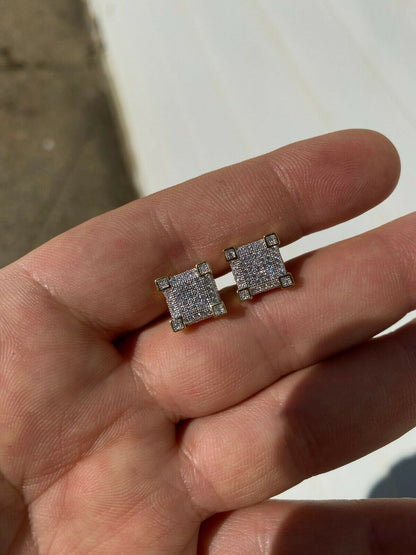 HarlemBling Mens Real Solid 925 Silver Iced Diamond Hip Hop Earrings Studs Screw Back Cube